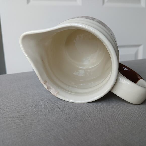 Oxford Stoneware 4.5" mini pitcher VTG 1940s Snow Flower brown cream well loved - Picture 4 of 9